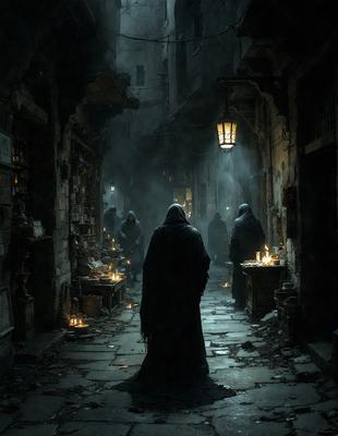 The primary subject of the image is a group of people dressed in black, walking down a dark alley. The setting is a narrow, dimly lit street with a stone wall on one side. The visual style appears to be a photo, capturing the atmosphere of the scene. The dominant colors are black and various shades of gray, creating a moody and mysterious ambiance.